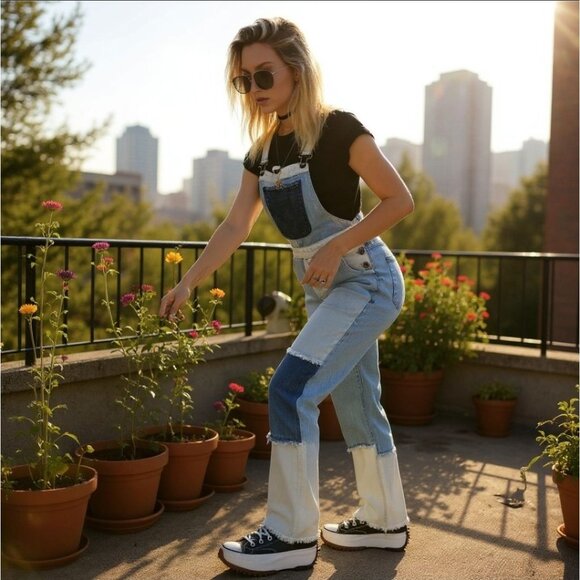 Momokrom Patchwork Two-Tone Denim Overalls W/ Frayed Seams – Size 4 NWT - Picture 3 of 9